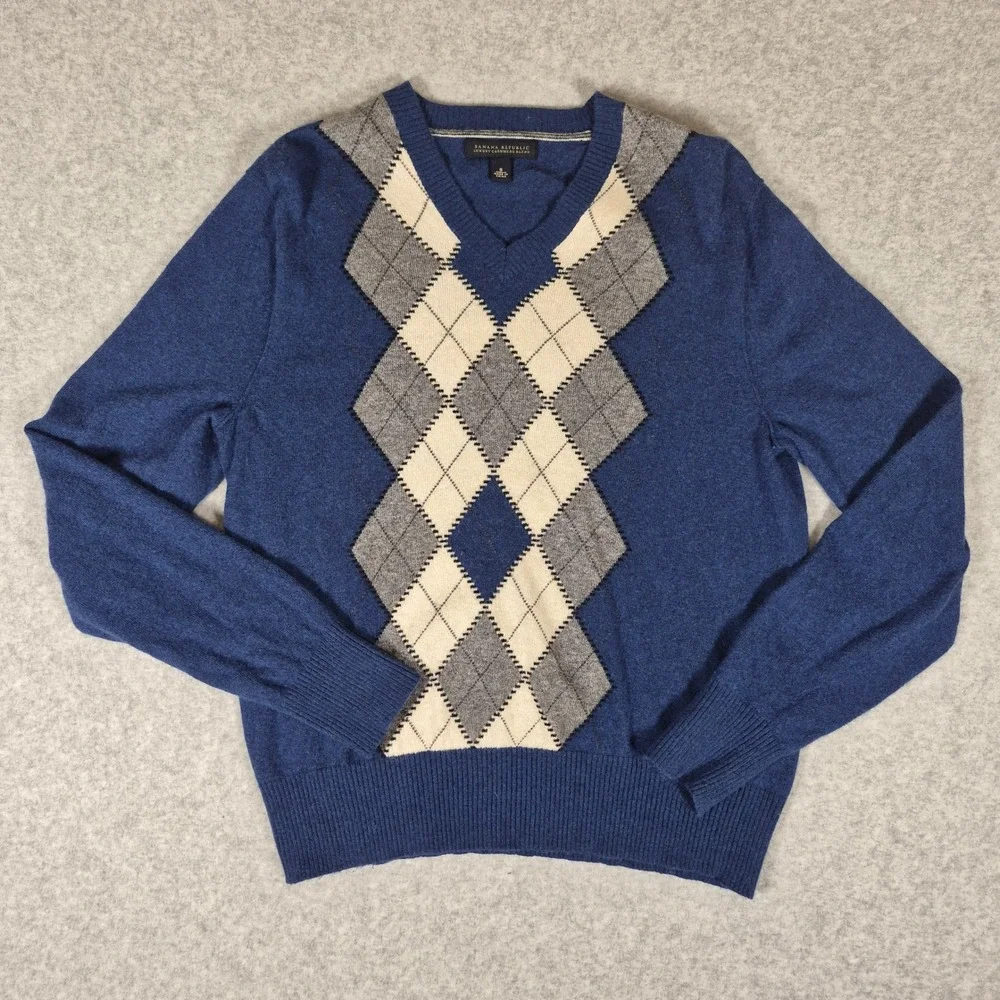 Banana Republic Sweater Mens Small Blue Argyle Cashmere Blend V-Neck Knit